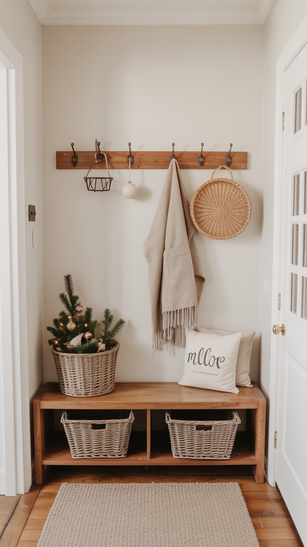 A minimalist entryway with a small Christmas tree in a basket, a wooden bench with storage baskets, and a wall hook rack with a blanket and decorative basket.