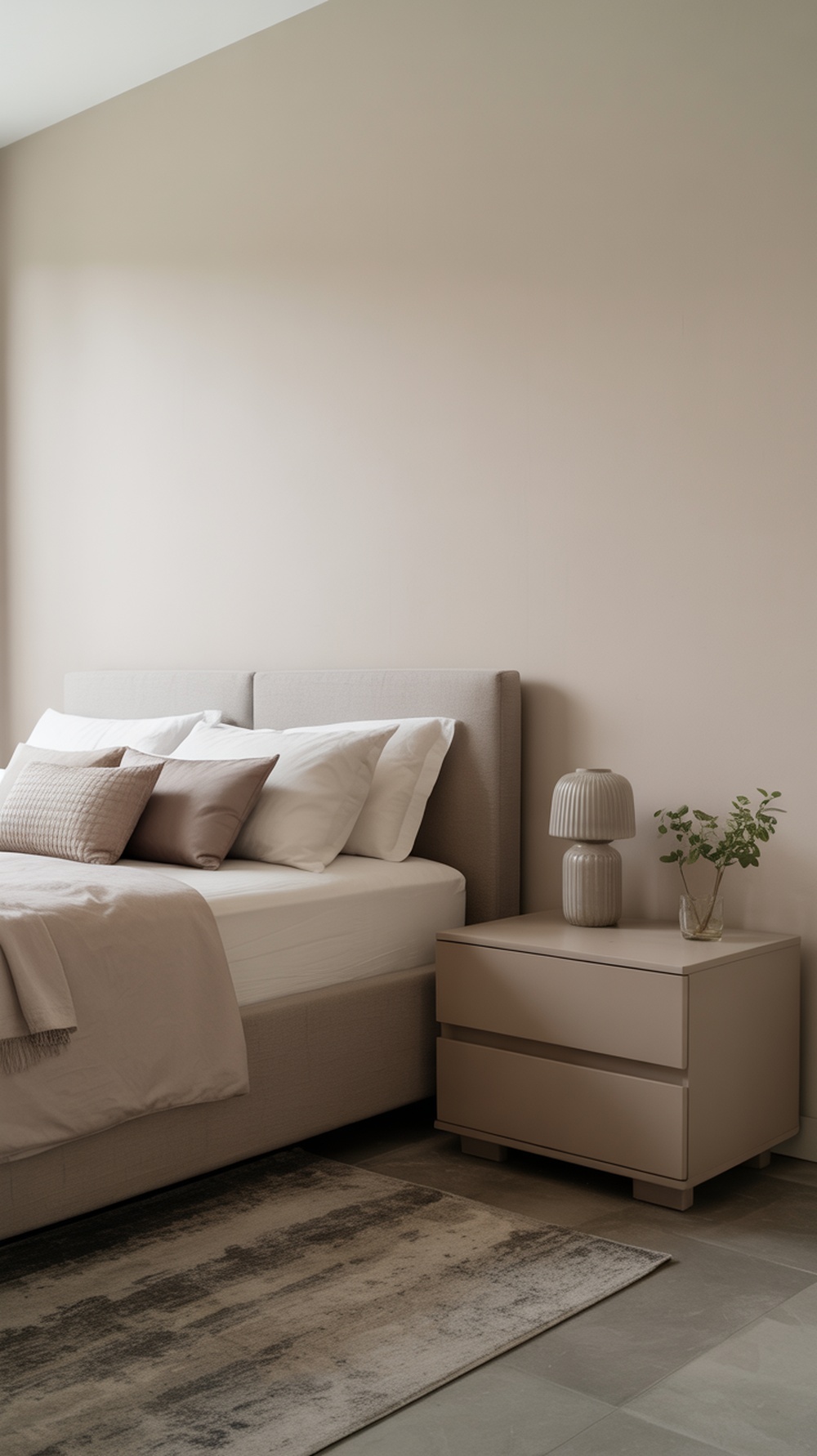 A minimalist bedroom featuring a neutral-colored bed, bedside table, and soft textiles.