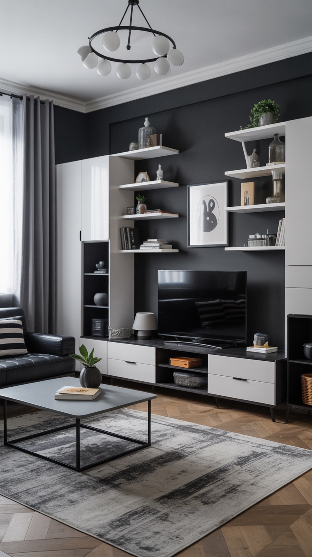 A stylish black and white living room featuring a black sofa, modern coffee table, wall-mounted shelves, and a TV unit with storage.