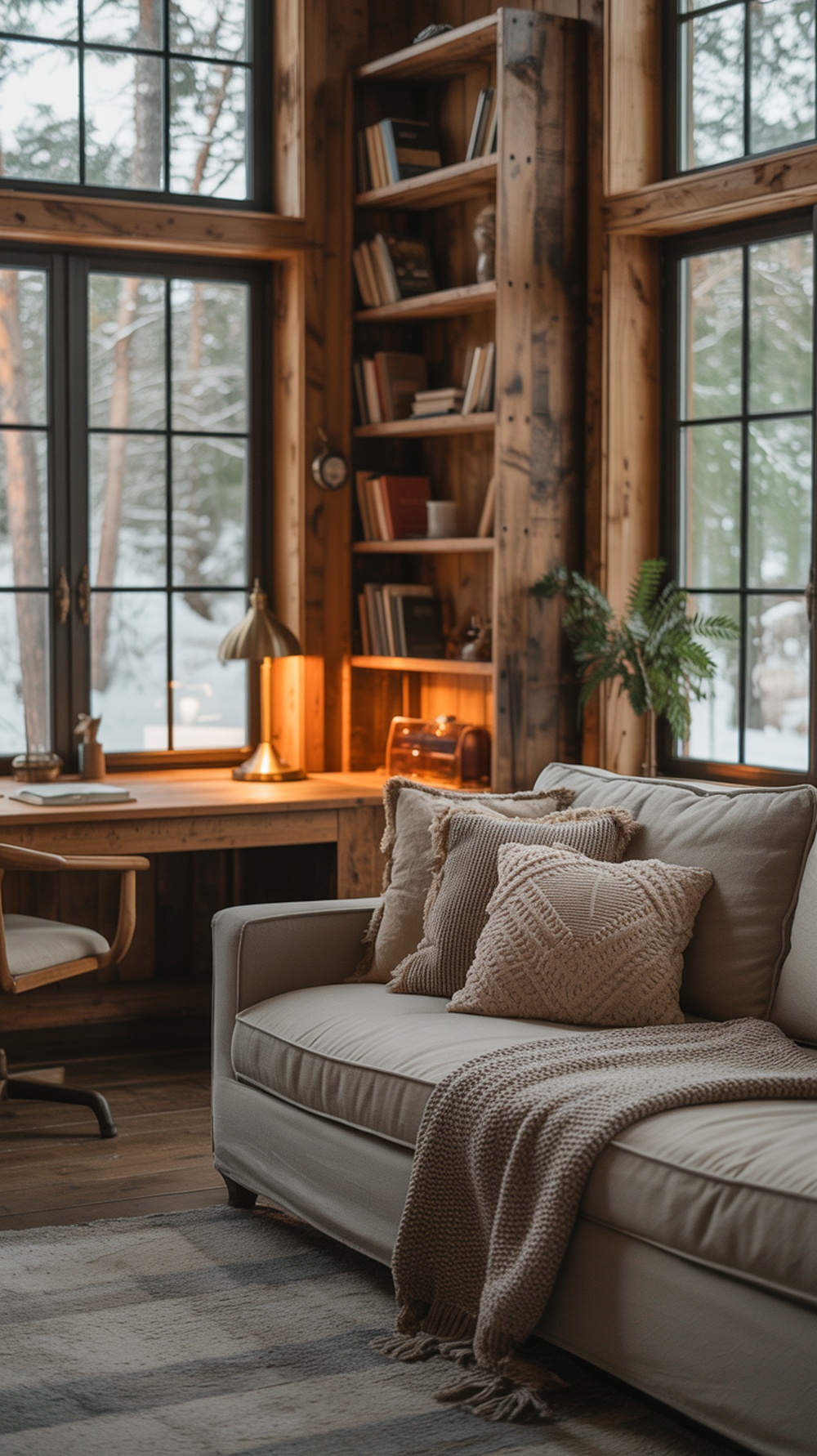 Cozy cabin living room with comfortable seating, plants, and warm lighting.