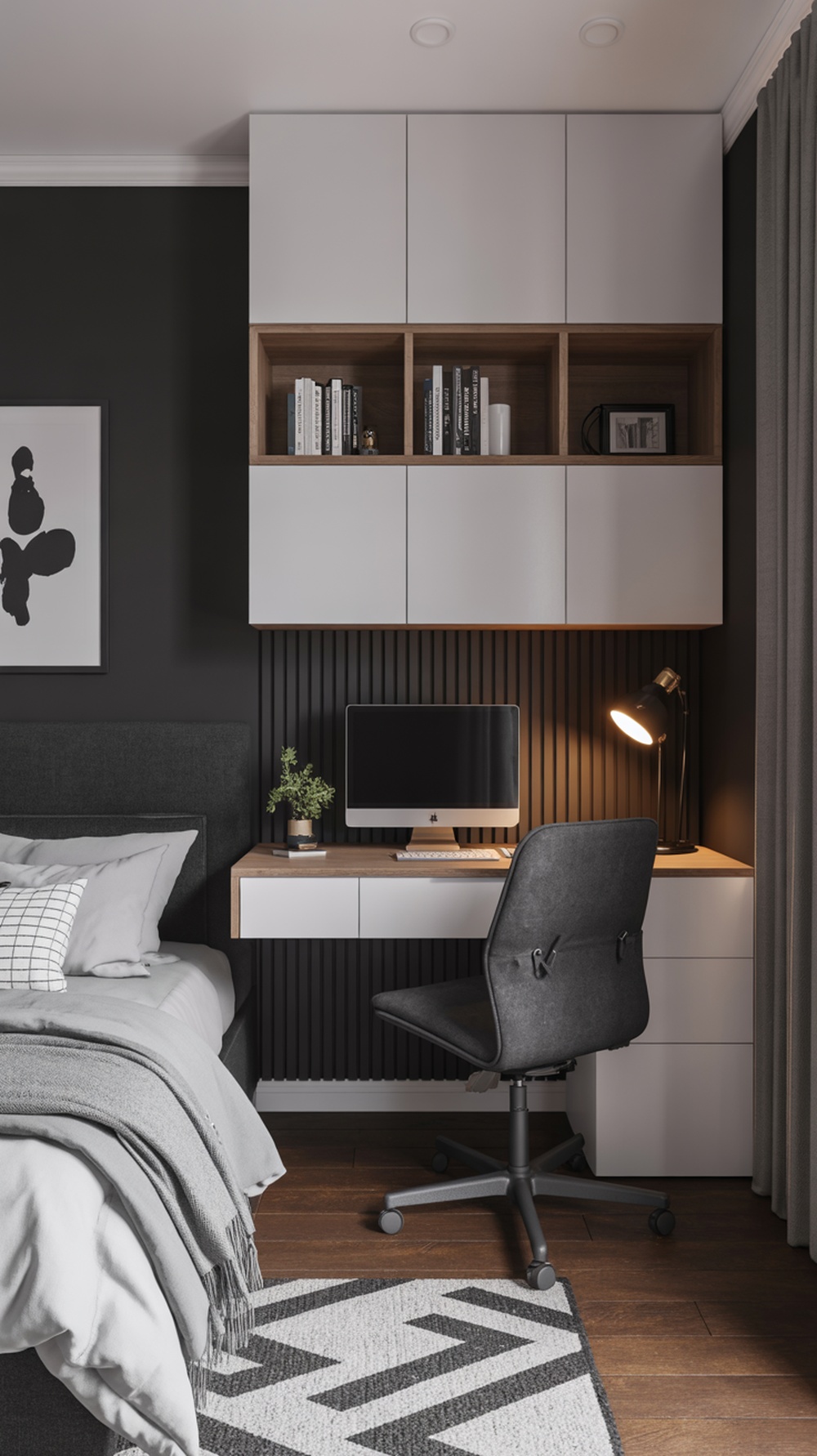 A modern black and white home office with a desk, computer, and stylish decor.