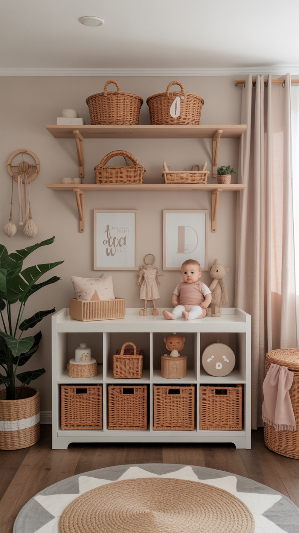 A boho gender neutral nursery with functional storage solutions, featuring woven baskets, open shelves, and a tidy cubby storage unit.