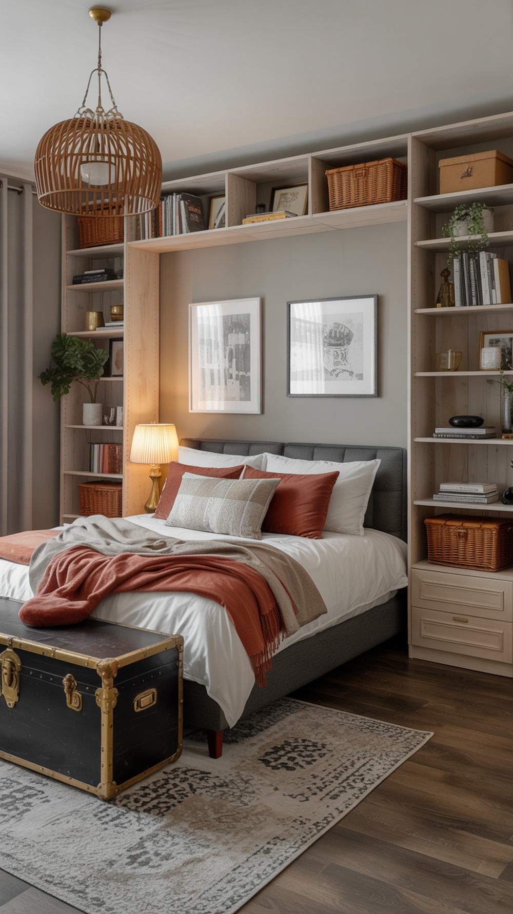 A modern vintage bedroom featuring a cozy bed with warm-toned pillows, a vintage trunk for storage, and a stylish shelving unit.