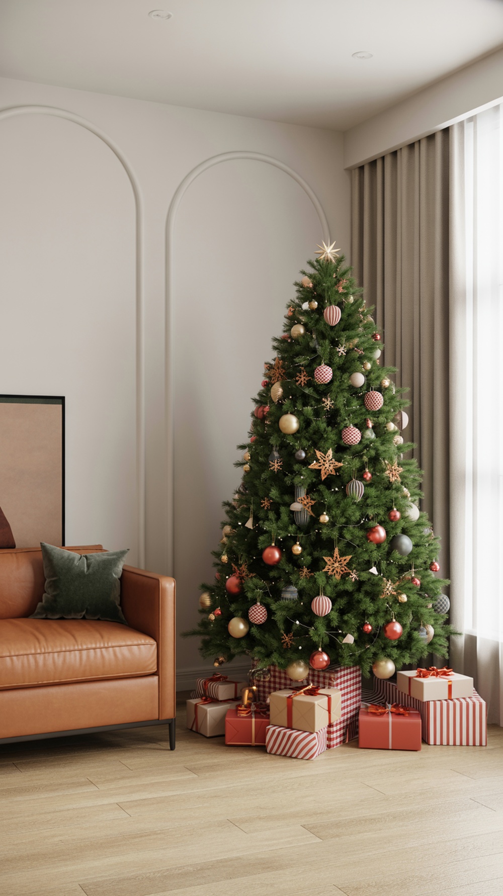 A beautifully decorated Christmas tree with geometric ornaments and colorful gifts underneath.
