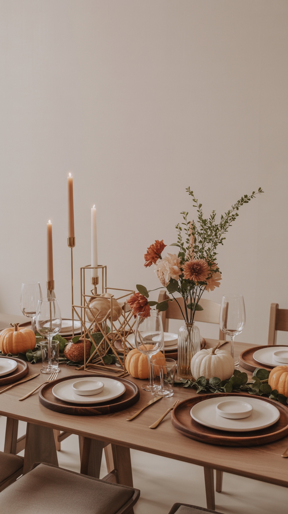A modern Thanksgiving table setting featuring geometric decor elements, pumpkins, and flowers.