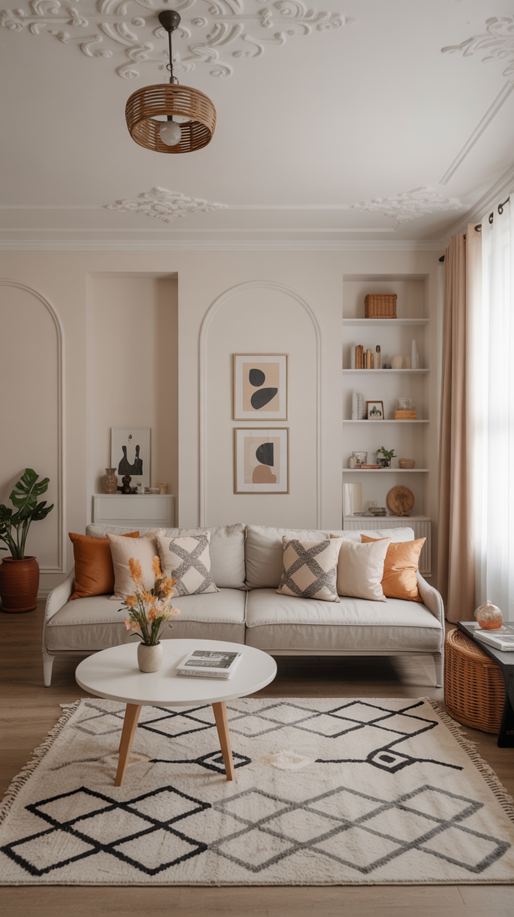 A modern living room featuring a geometric patterned rug, a cozy sofa with cushions, and abstract wall art.