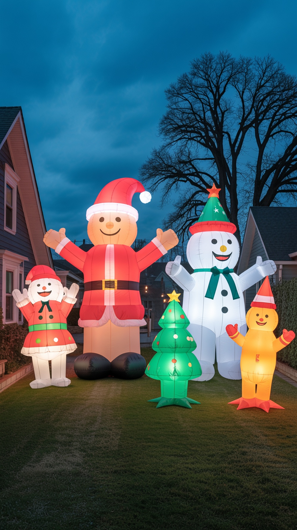 Giant inflatable holiday characters including Santa, snowmen, and a Christmas tree in a yard