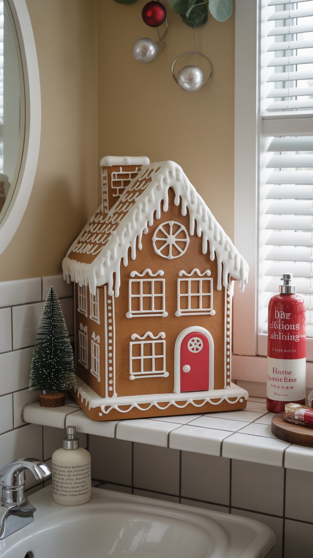 A decorative gingerbread house placed on a bathroom countertop, surrounded by holiday decor.