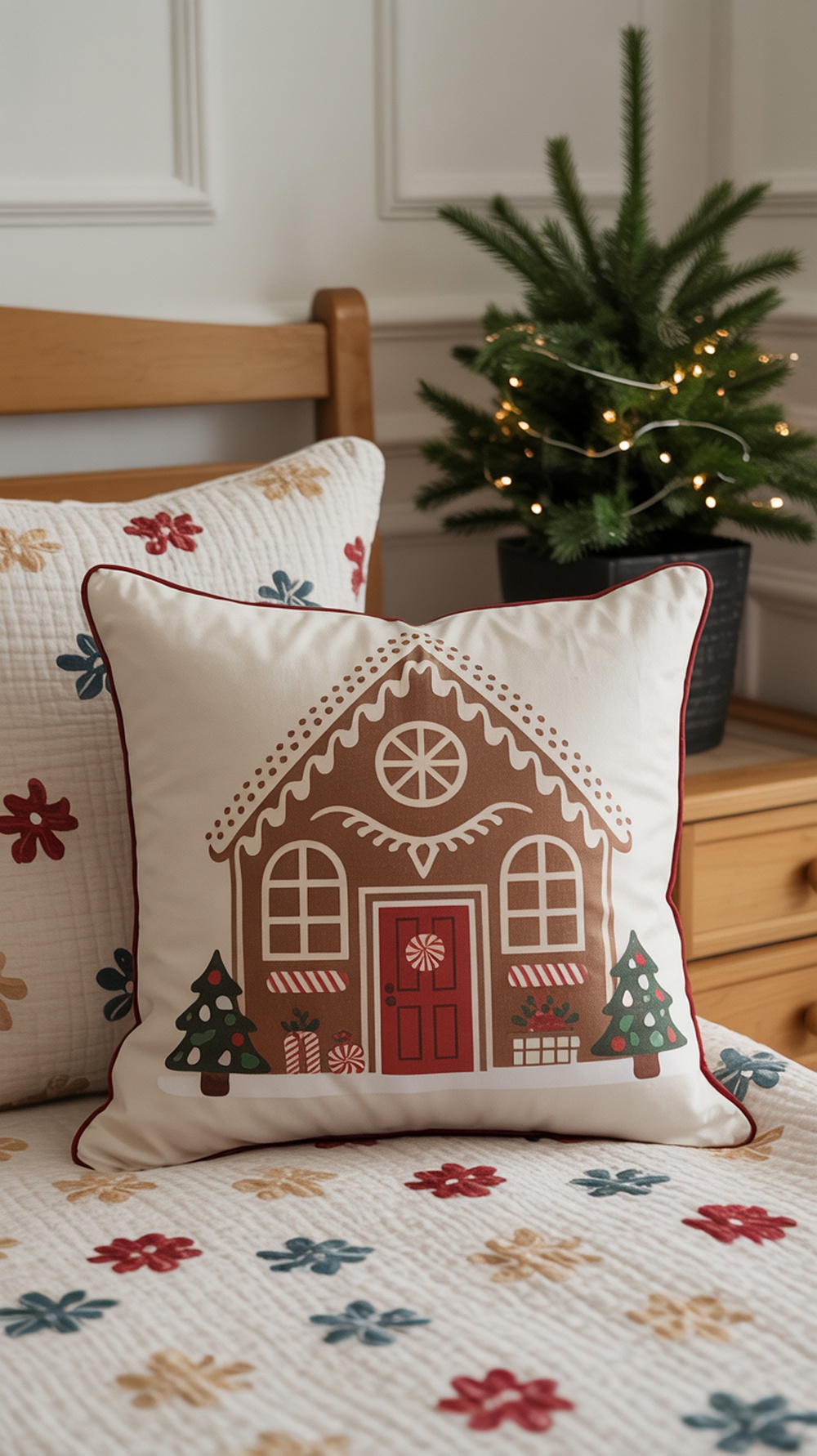 A throw pillow featuring a gingerbread house design, placed on a bed with festive bedding.
