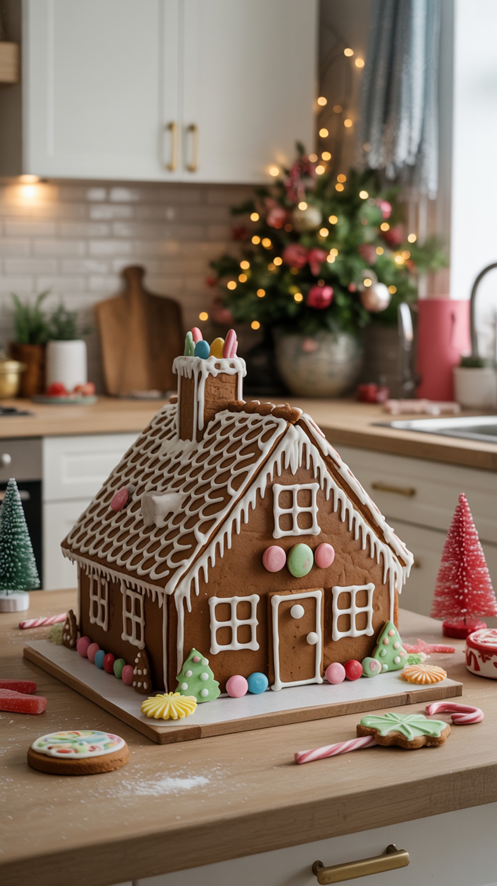 A decorated gingerbread house on a kitchen counter with festive decorations.