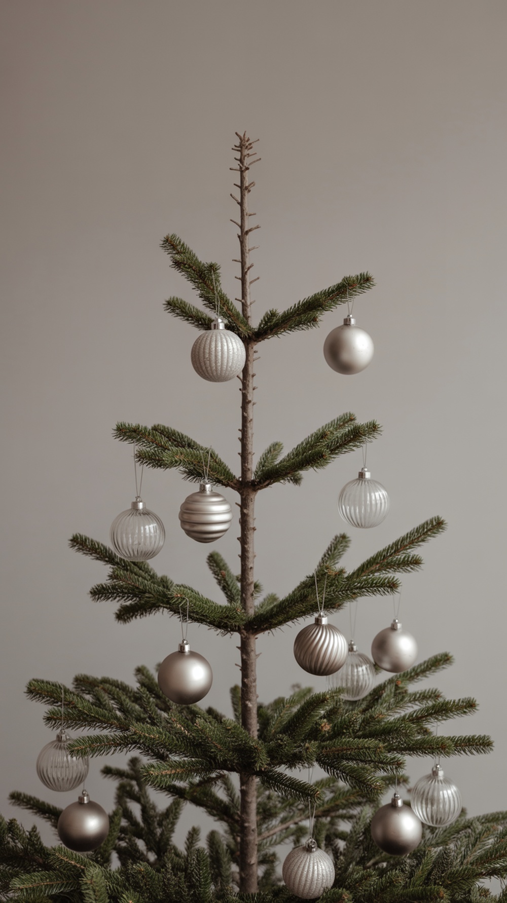 A minimalist Christmas tree decorated with silver glass and metal ornaments.