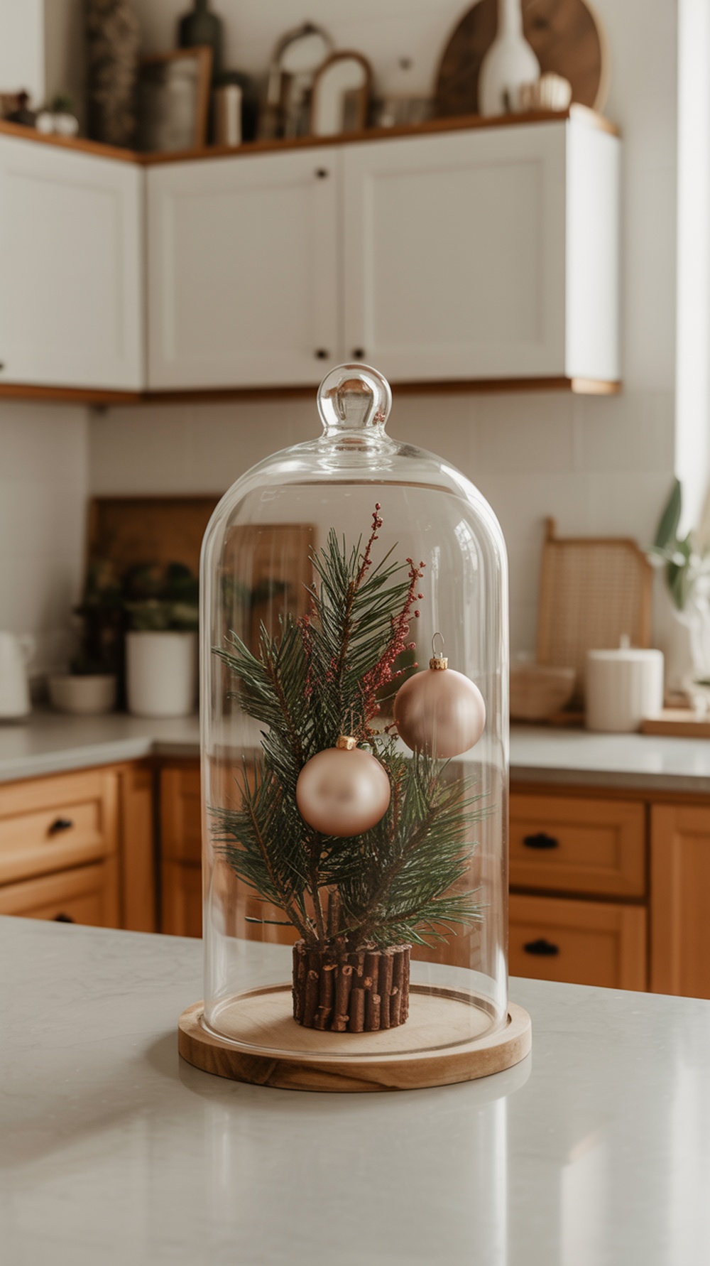 A glass cloche containing a small evergreen branch and ornaments on a kitchen island.