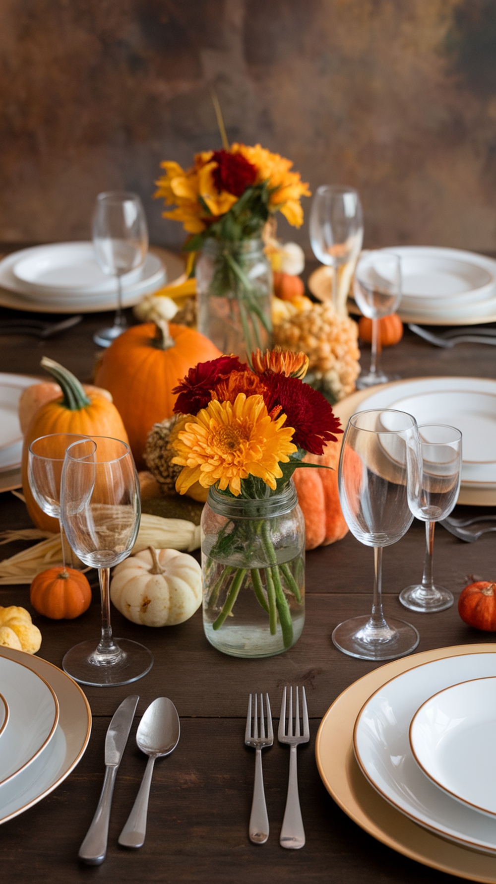 A Thanksgiving table set with glass jar floral arrangements, pumpkins, and elegant tableware.
