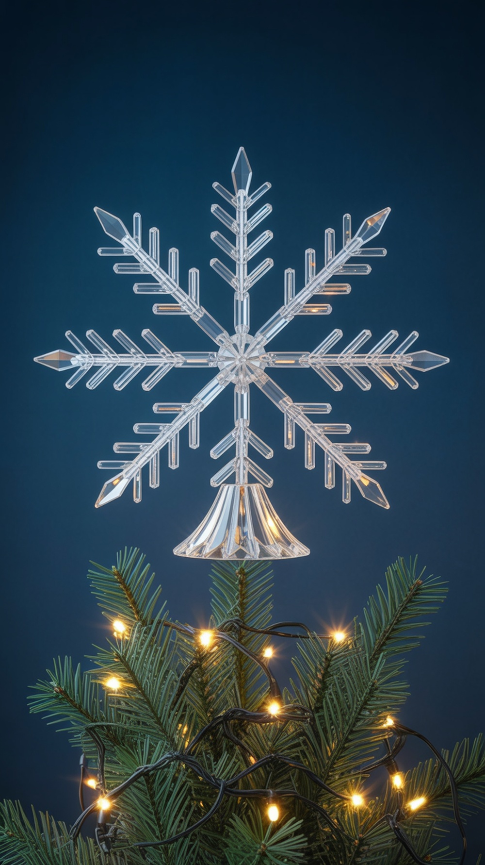 A crystal snowflake tree topper on a Christmas tree with lights.