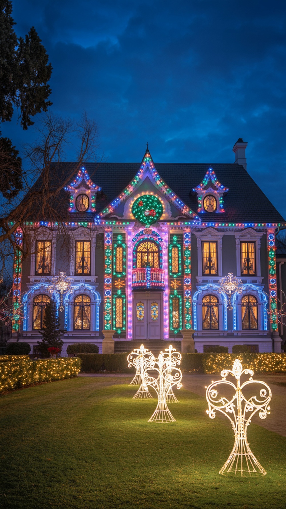 A beautifully decorated house with colorful Christmas lights and elegant light displays in the yard.