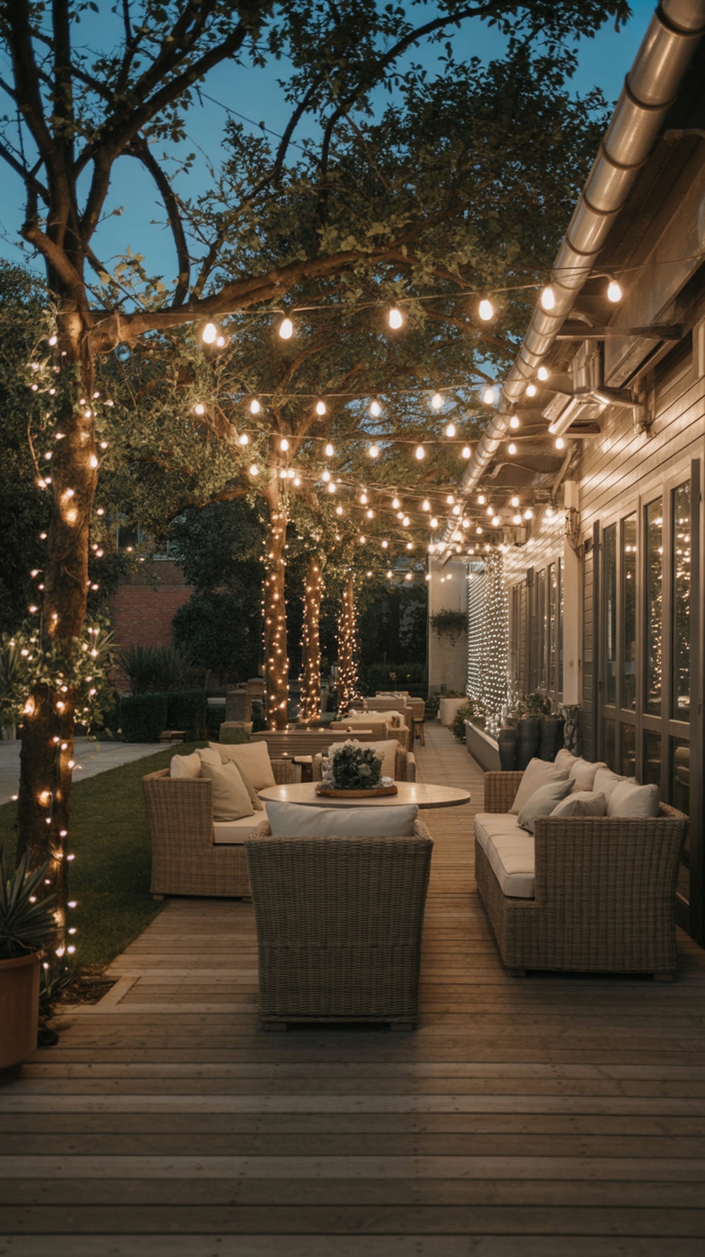 A cozy outdoor patio illuminated with white fairy lights, creating a warm and inviting atmosphere.