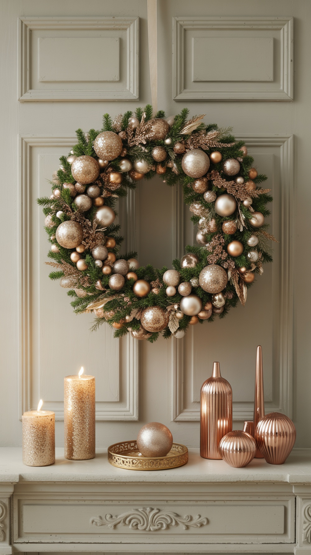A glamorous Christmas wreath decorated with gold and bronze ornaments, surrounded by candles and decorative vases.