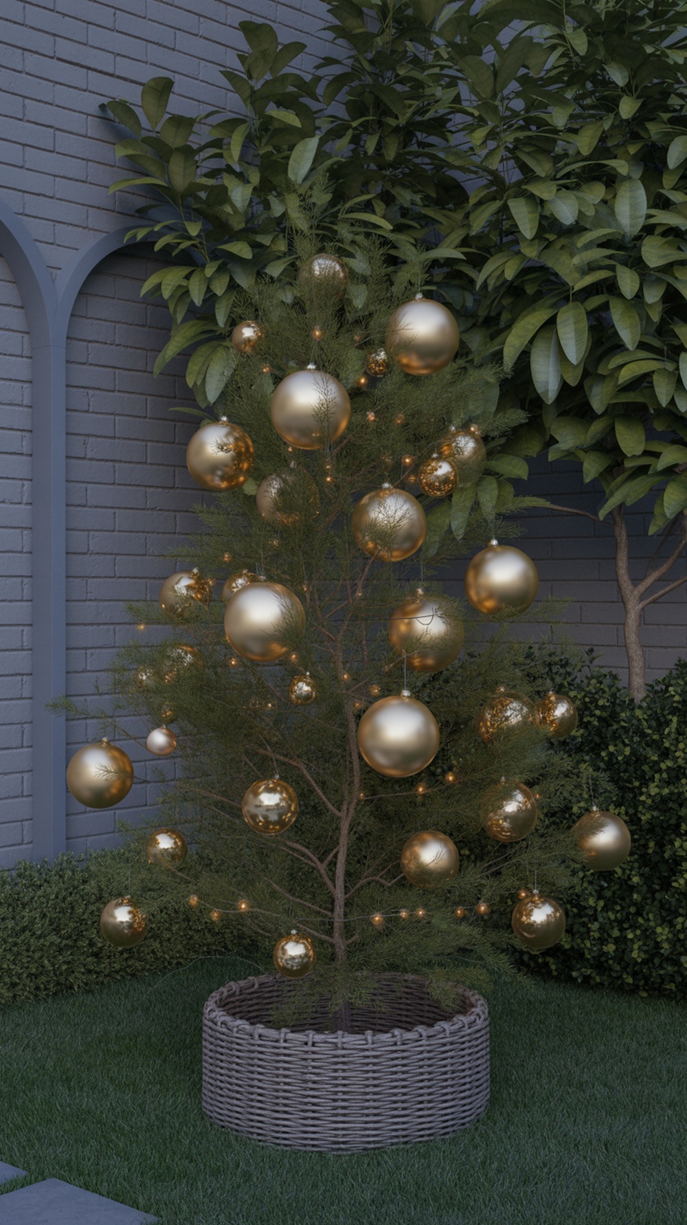 A beautifully decorated tree with golden ornaments and soft lights in a garden setting.