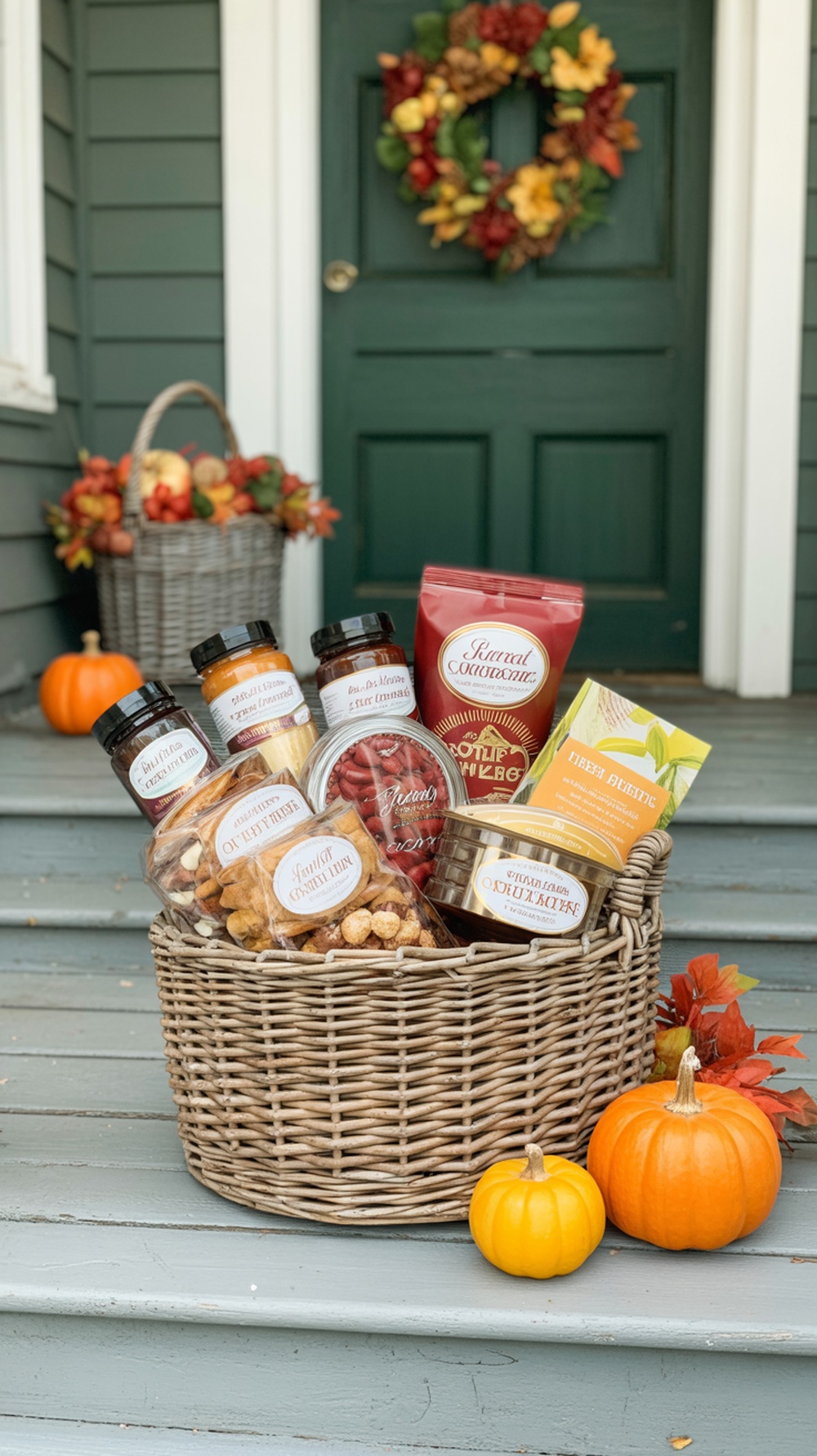A decorative basket filled with gourmet treats, including jars of jams, nuts, and snacks, set on a porch with pumpkins and autumn decorations.
