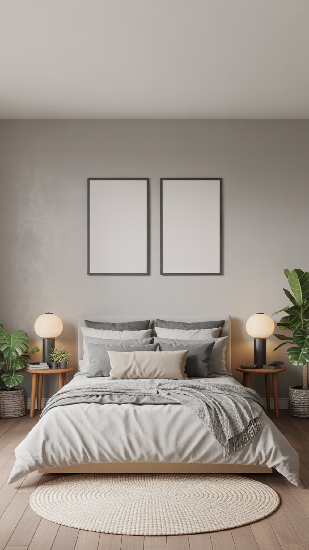 A minimalist bedroom featuring greenery accents with plants beside the bed and on nightstands.