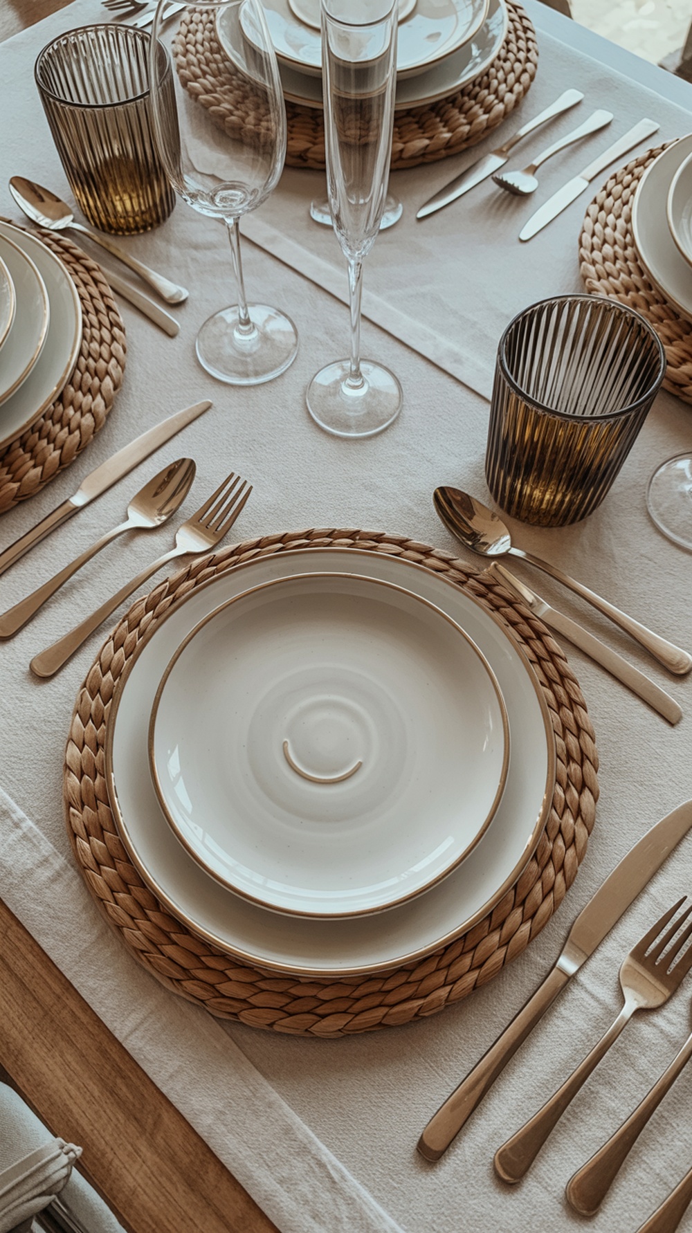 A beautifully arranged boho Thanksgiving table with handcrafted place settings, featuring woven placemats, elegant plates, and stylish glassware.