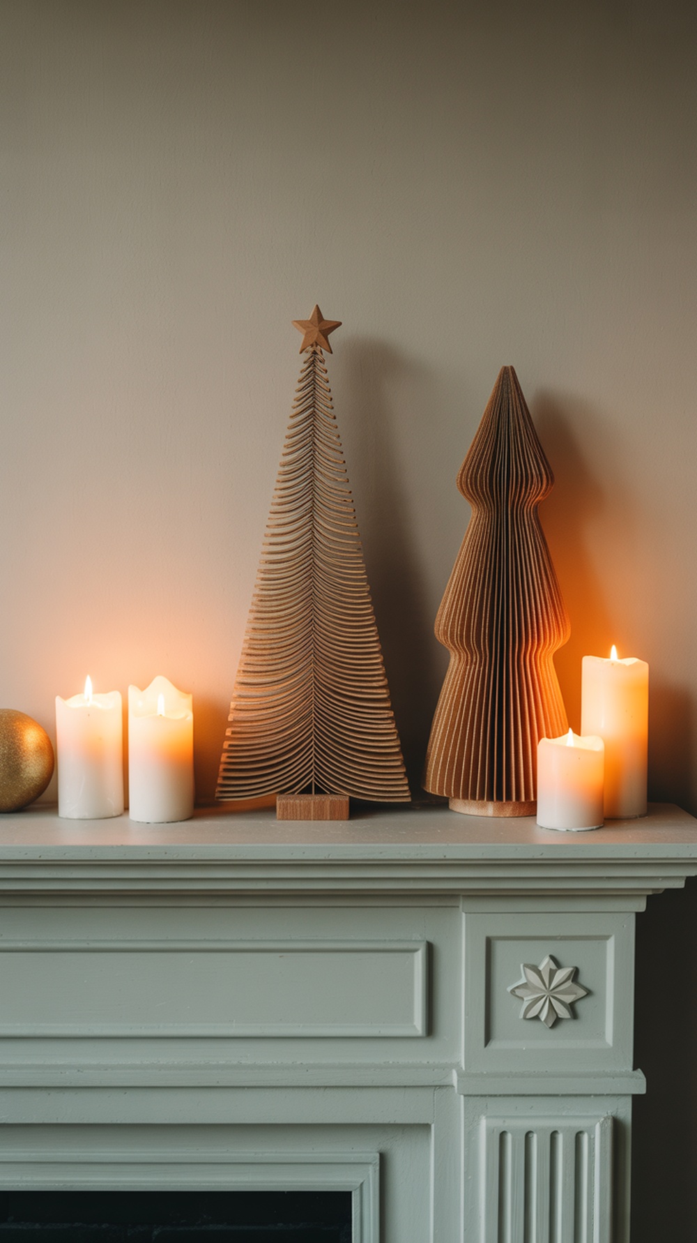 Two handcrafted wooden Christmas trees beside lit candles on a mantel