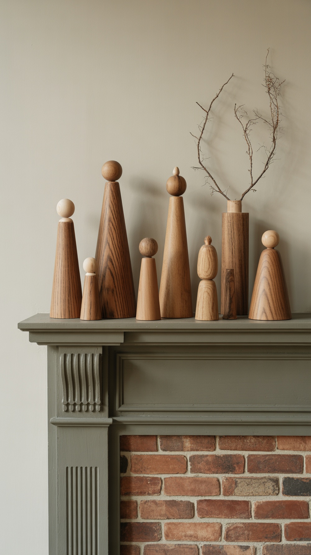 A collection of handcrafted wooden figurines displayed on a mantel, showcasing various shapes and sizes.