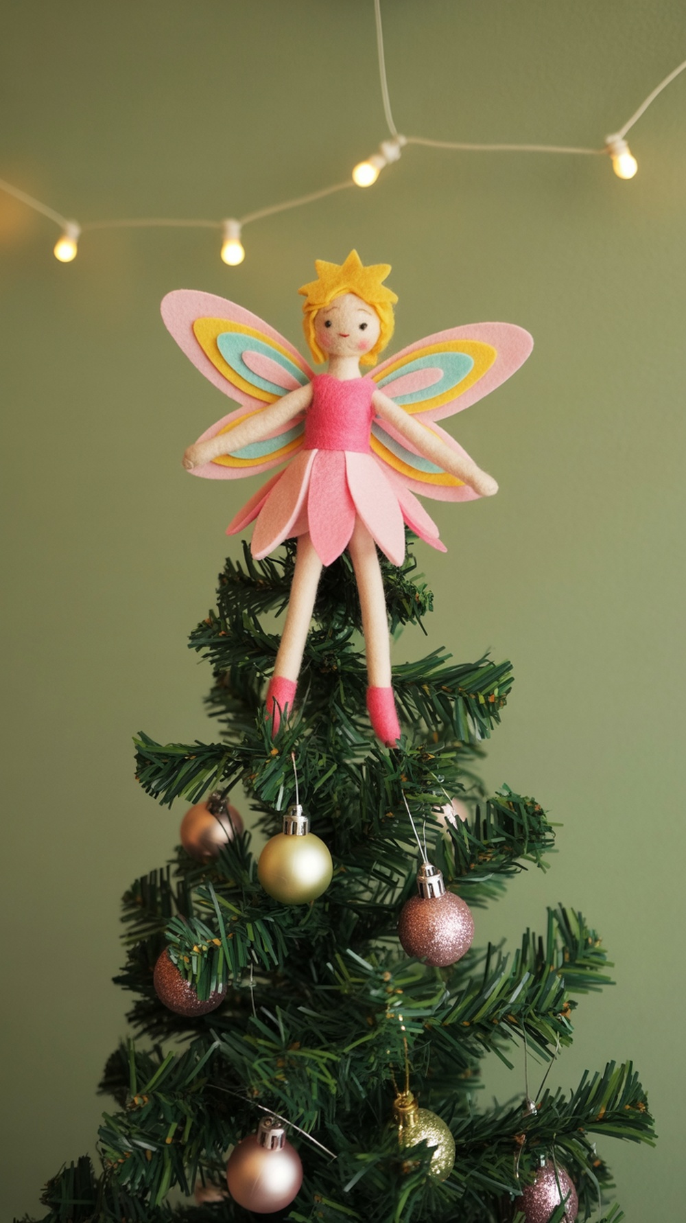 A handmade felt fairy tree topper with colorful wings and a smiling face, sitting atop a Christmas tree.