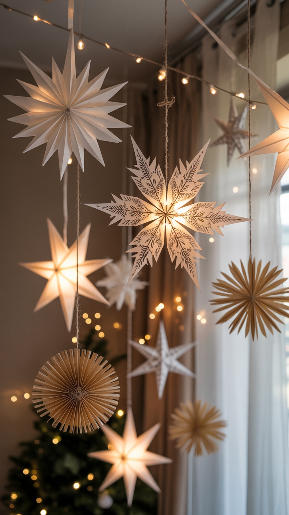 Handmade paper decorations in the shape of stars and ornaments hanging with soft lighting.