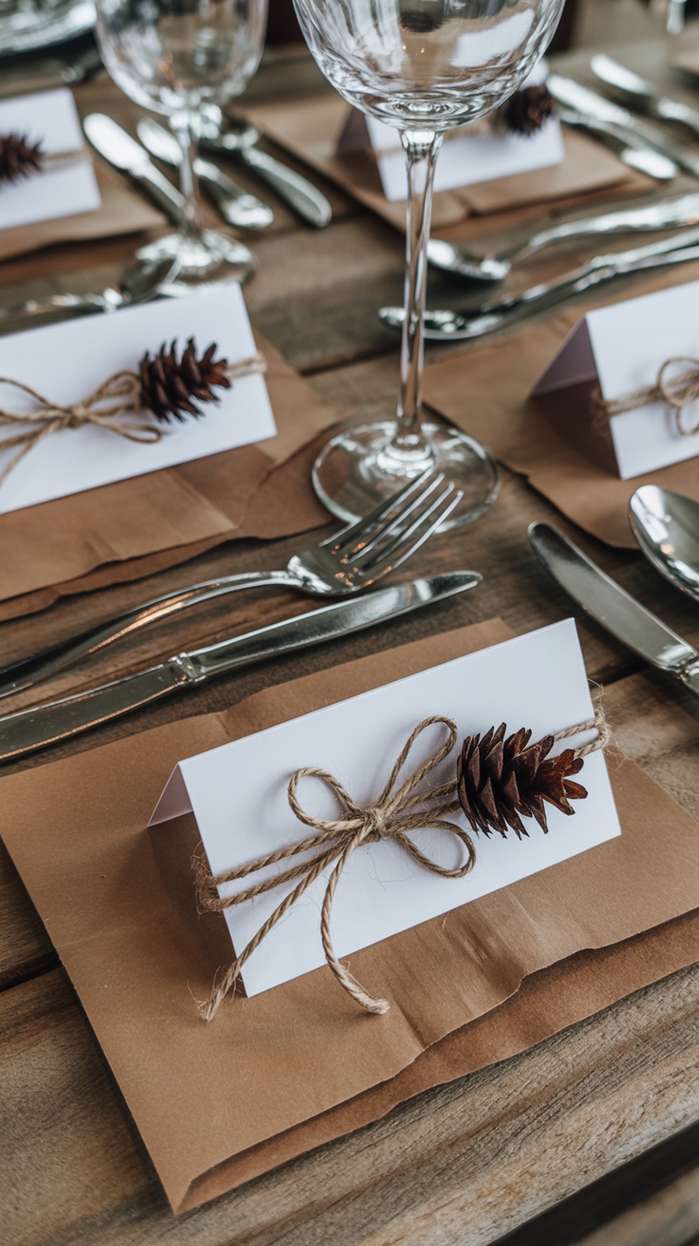 Handmade place cards on a rustic Thanksgiving table, featuring white cards tied with twine and pinecones.