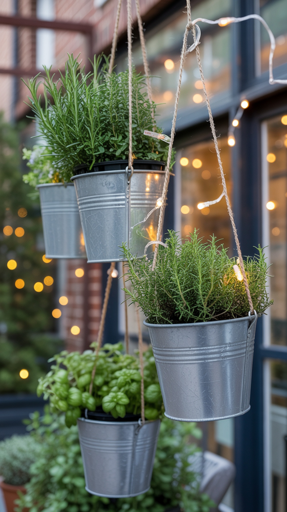 Hanging planters with herbs like rosemary and basil, decorated with string lights.