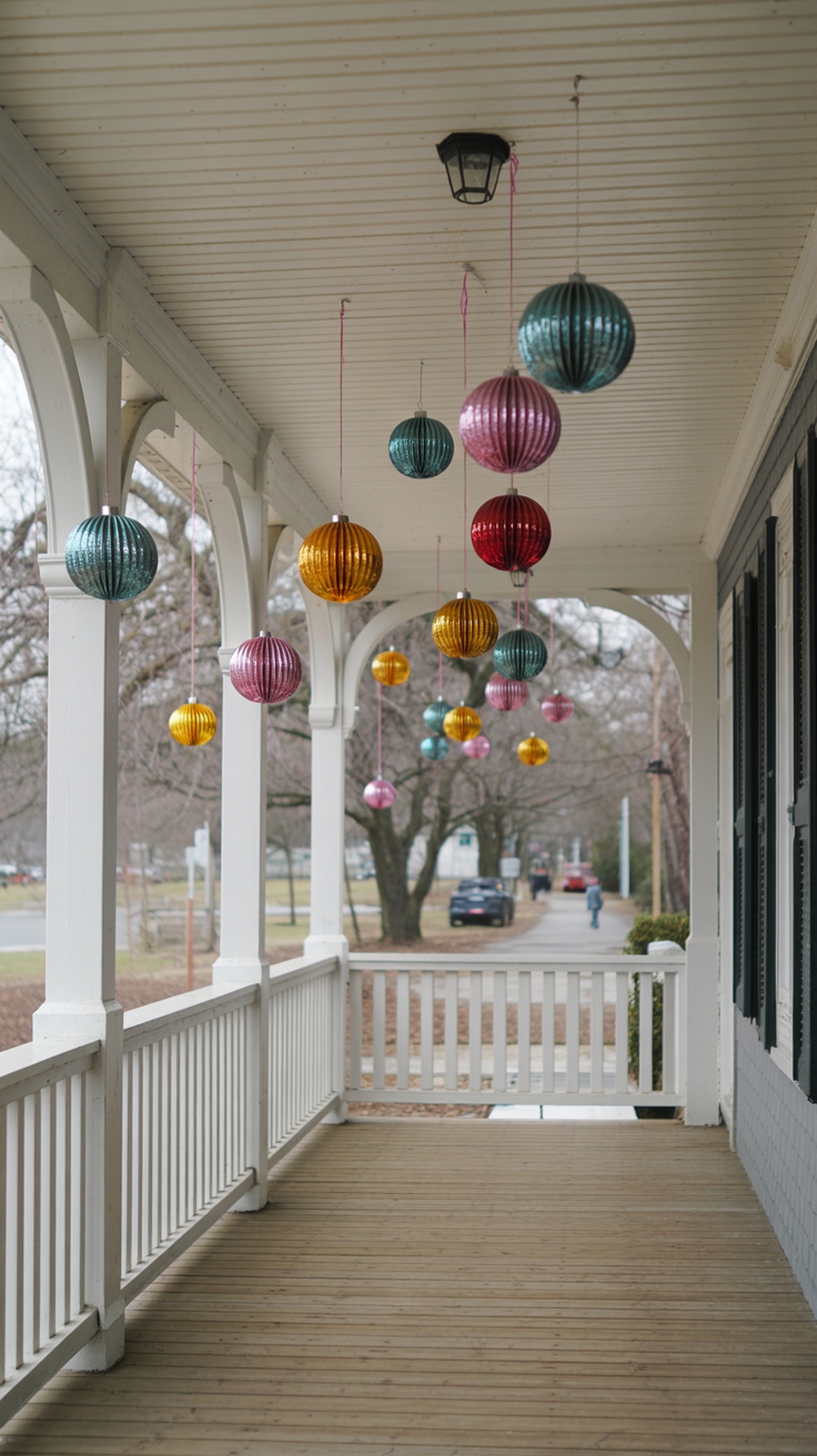 Colorful holiday ornaments hanging from the ceiling of a porch