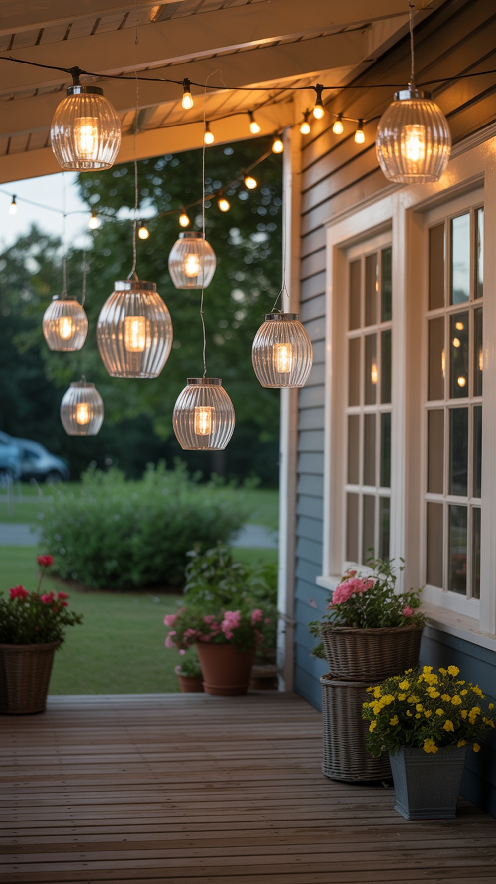 Hanging glass lanterns with warm lights and potted plants on a porch.