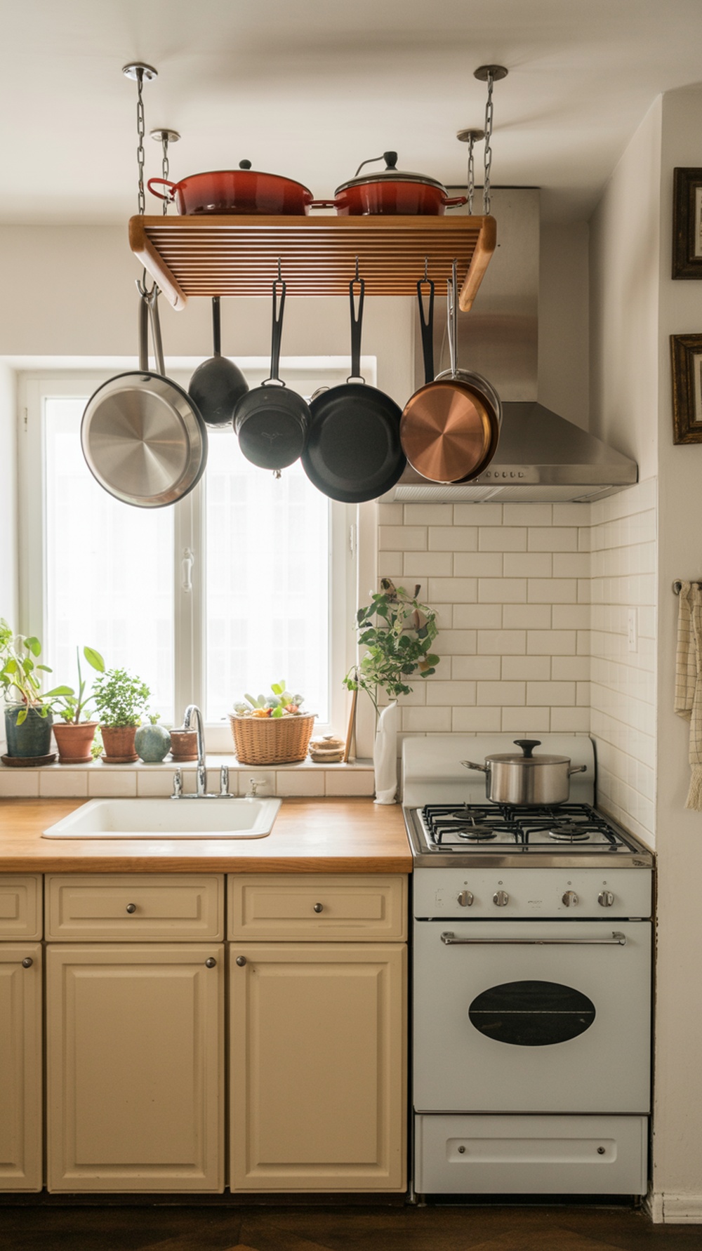 A small kitchen with a hanging pot rack displaying various pots and pans, complemented by plants on the windowsill.