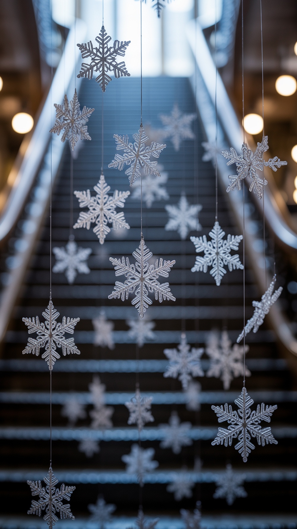 A staircase decorated with hanging snowflakes, creating a winter wonderland effect.