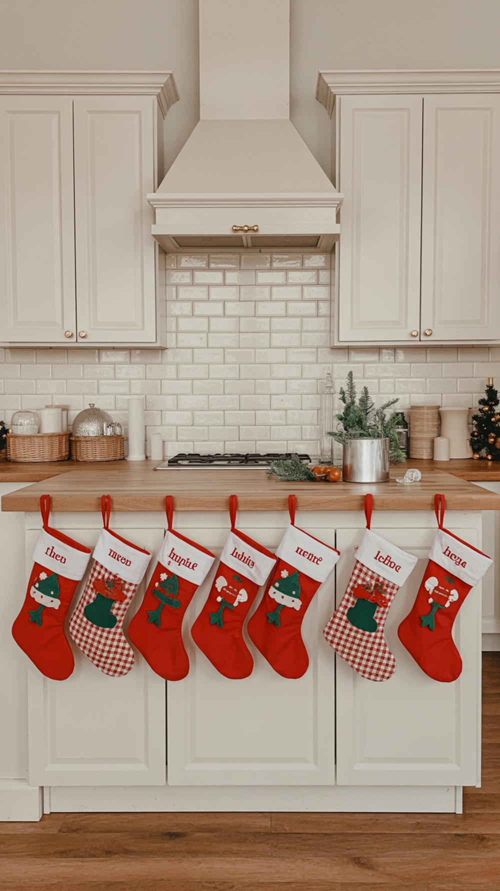 A row of red Christmas stockings hanging on a kitchen island, each with a different festive design and personalized names.
