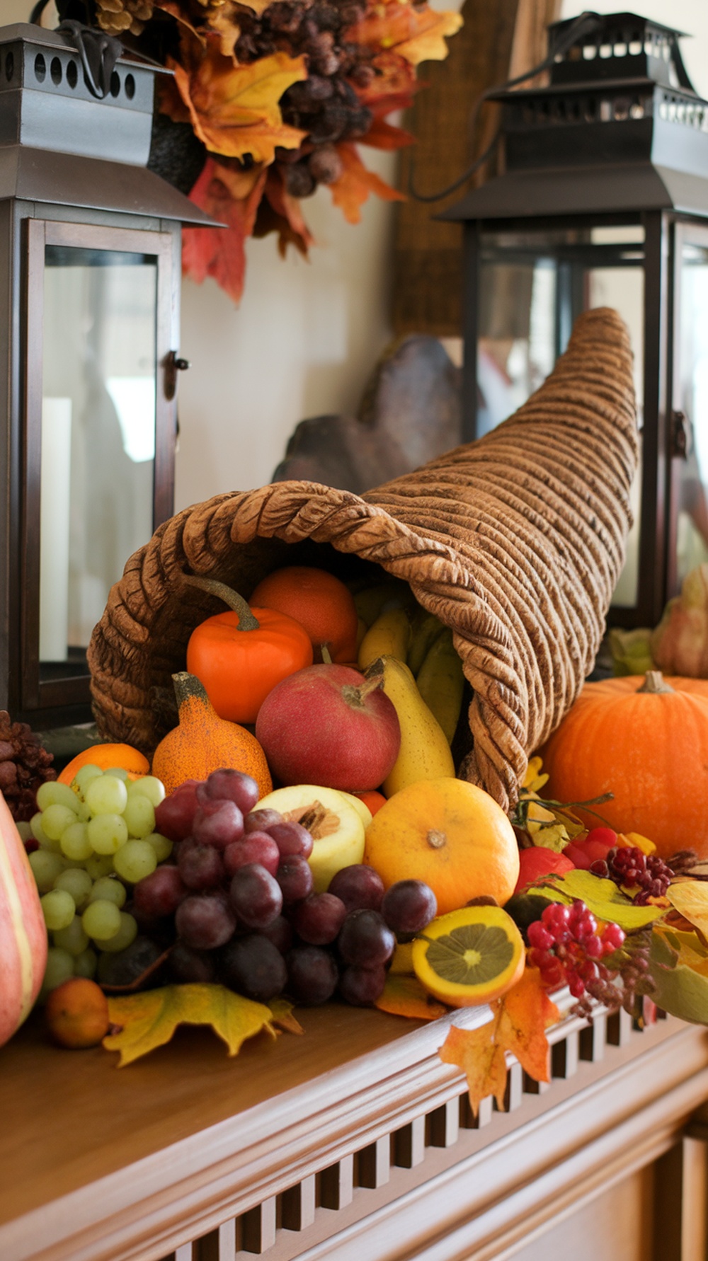 A cornucopia filled with colorful fruits and vegetables, surrounded by autumn leaves and lanterns.