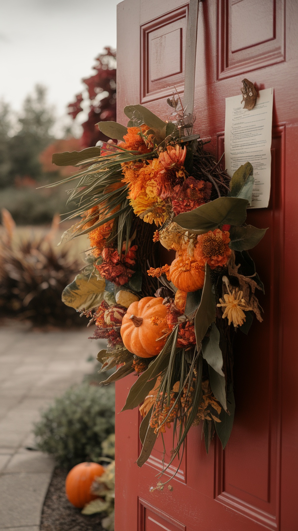 A harvest-themed floral wreath with orange flowers and small pumpkins hanging on a red door.
