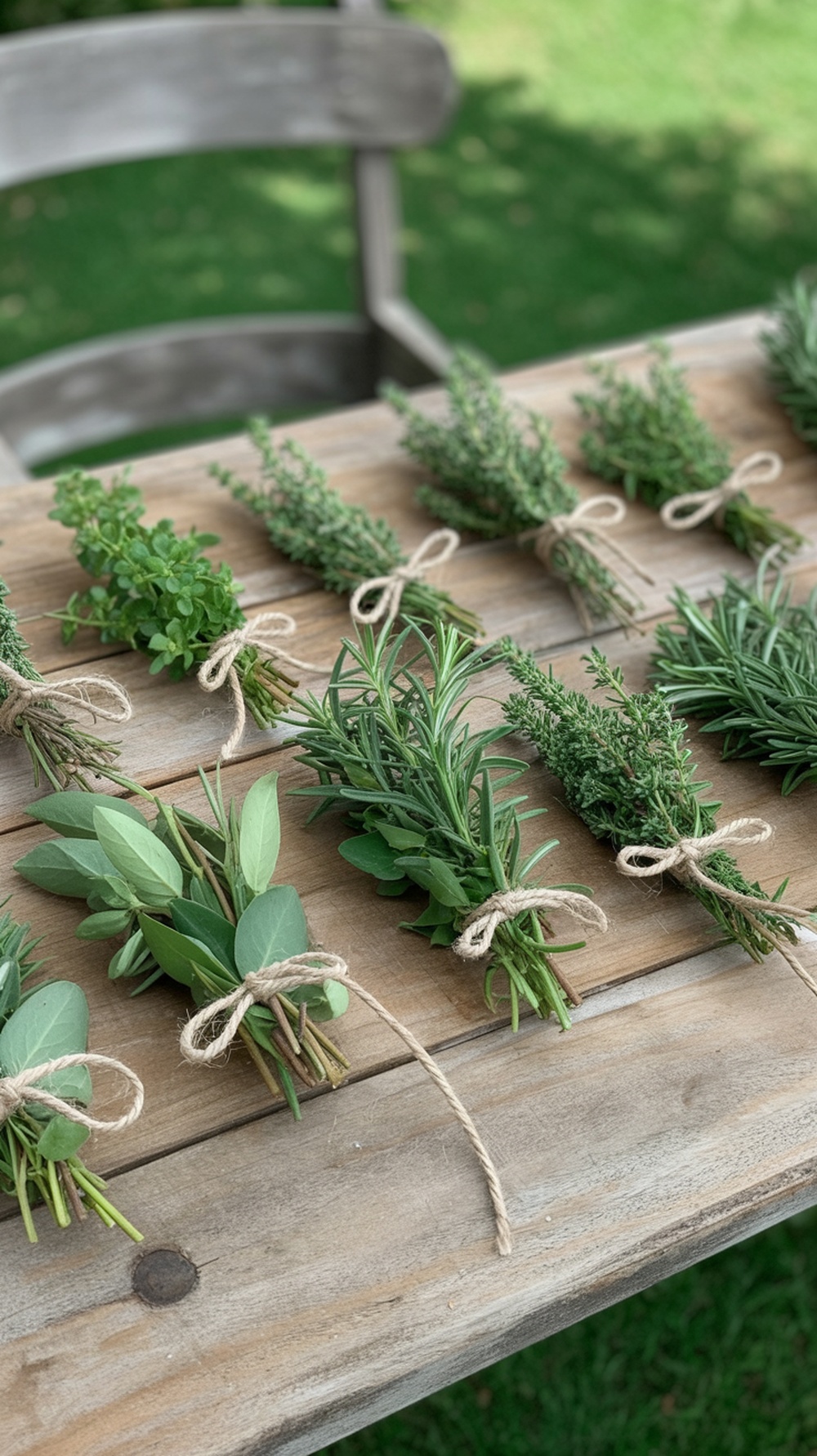 A collection of herb bundles tied with twine on a rustic wooden table