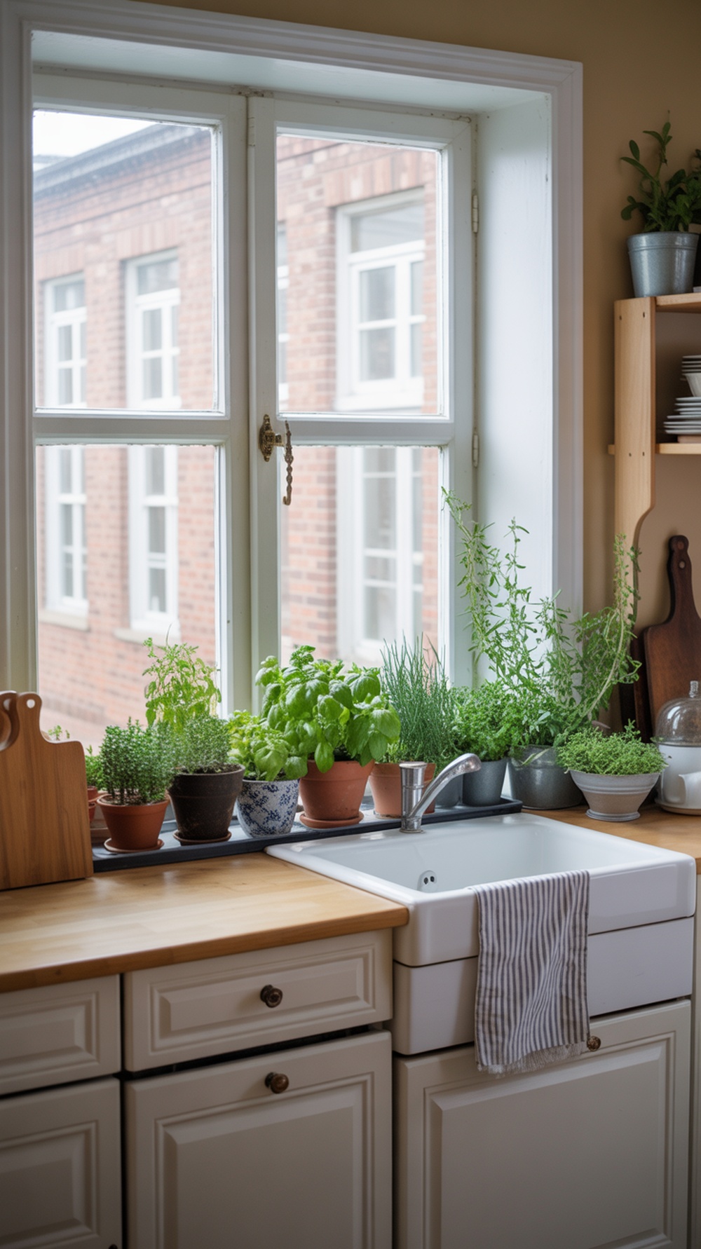 A modern farmhouse kitchen with a windowsill herb garden featuring various potted herbs.