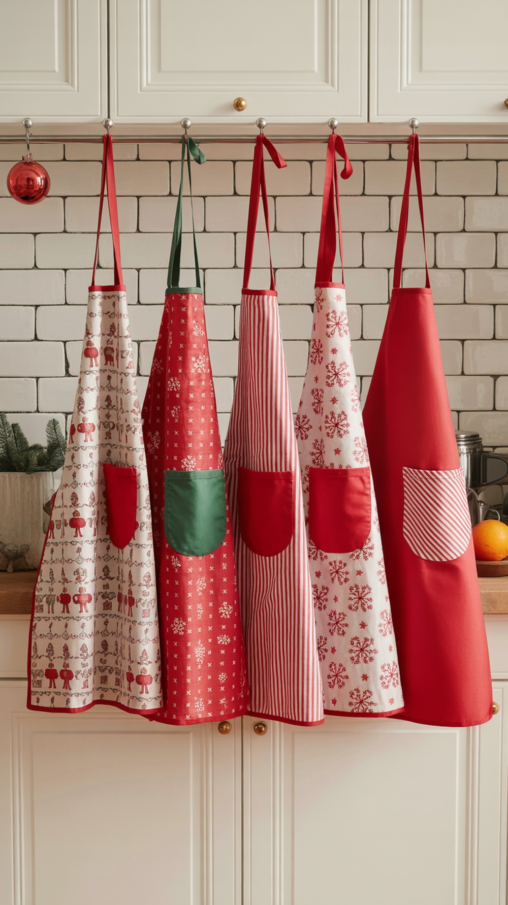 A collection of colorful holiday-themed aprons hanging in a kitchen