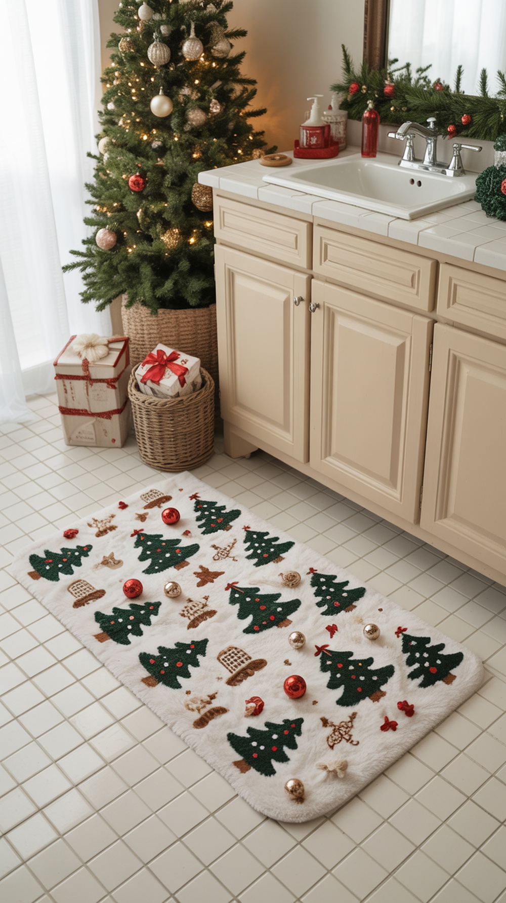 A festive holiday-themed bath mat featuring Christmas trees and ornaments, placed in a decorated bathroom.