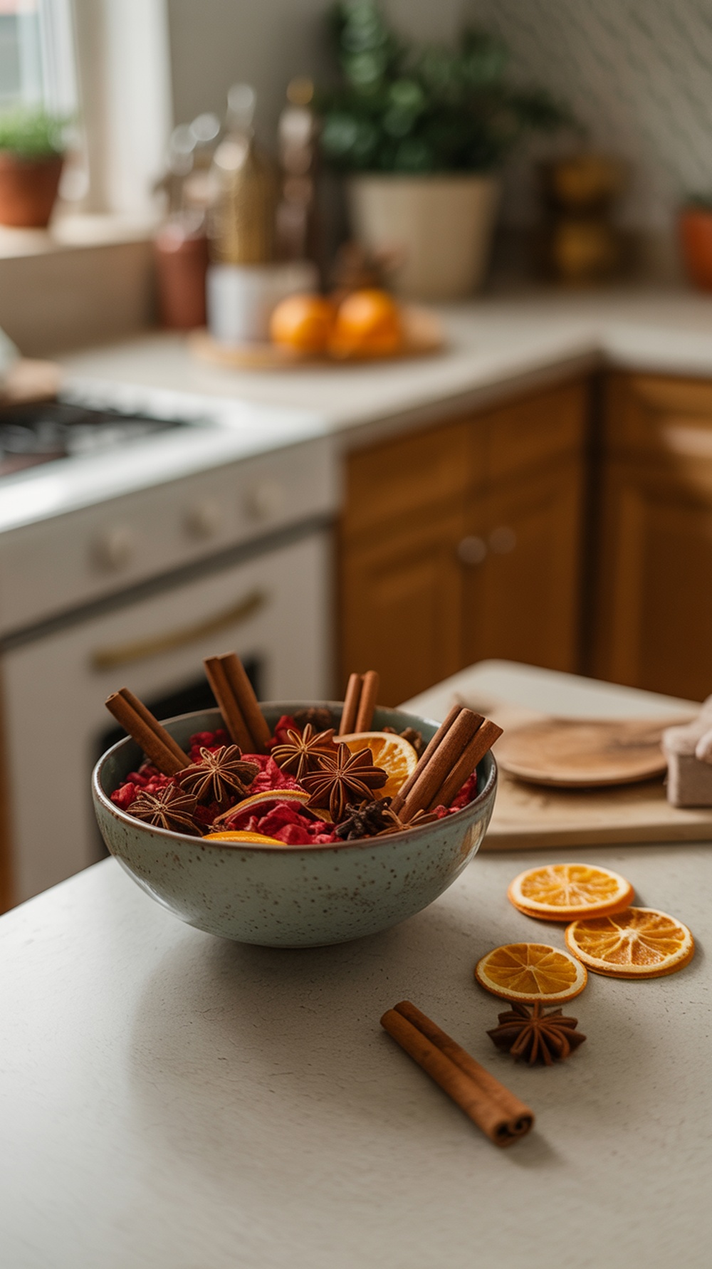 A bowl of colorful holiday-themed potpourri with cinnamon sticks, star anise, and dried orange slices on a kitchen counter.