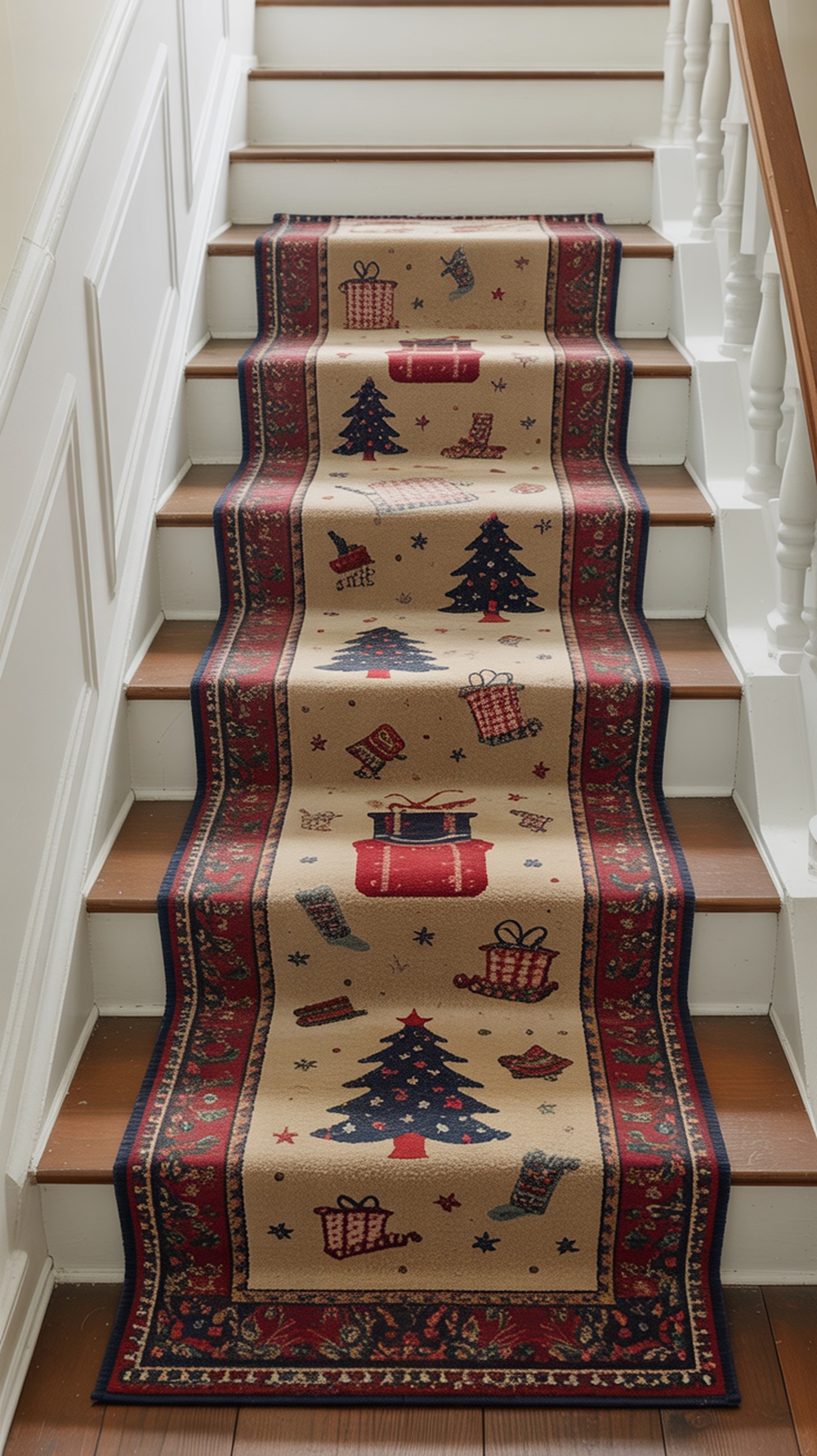 A festive staircase runner with Christmas trees, gifts, and stockings