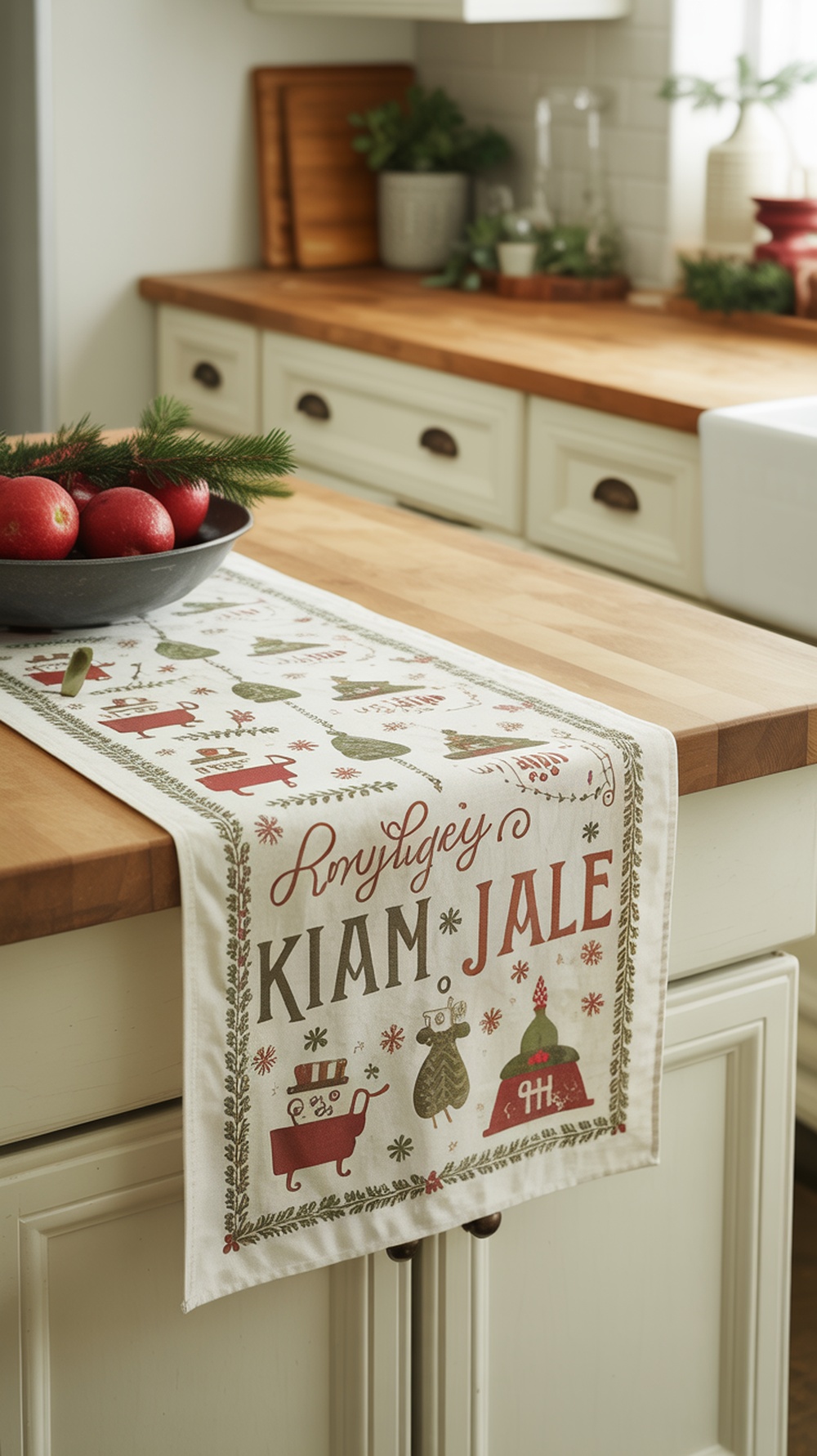 A holiday-themed table runner with festive designs on a kitchen island.
