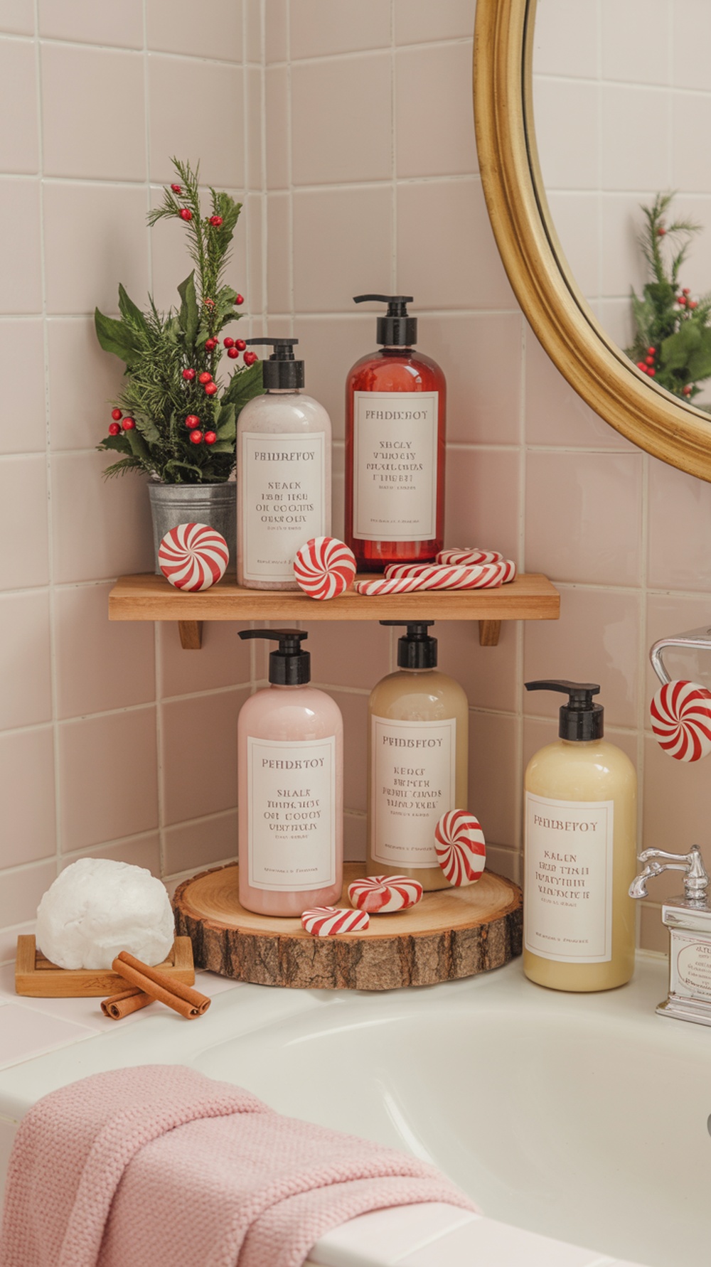A festive bathroom setup with holiday scented bath products, including peppermint and vanilla, decorated with candy canes and a small evergreen plant.