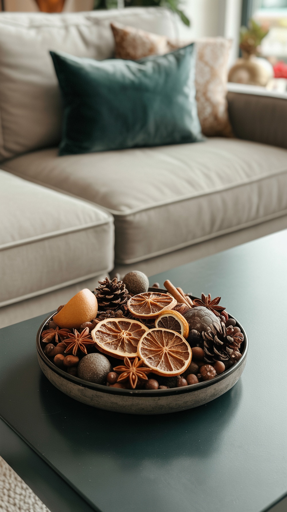 A decorative bowl filled with holiday scented potpourri including dried orange slices, star anise, and pinecones, placed on a table with a cozy couch in the background.
