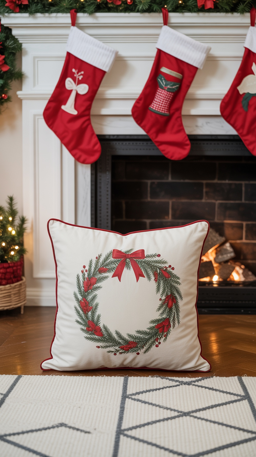 A decorative throw pillow with a holiday wreath design, placed in front of a fireplace with stockings.
