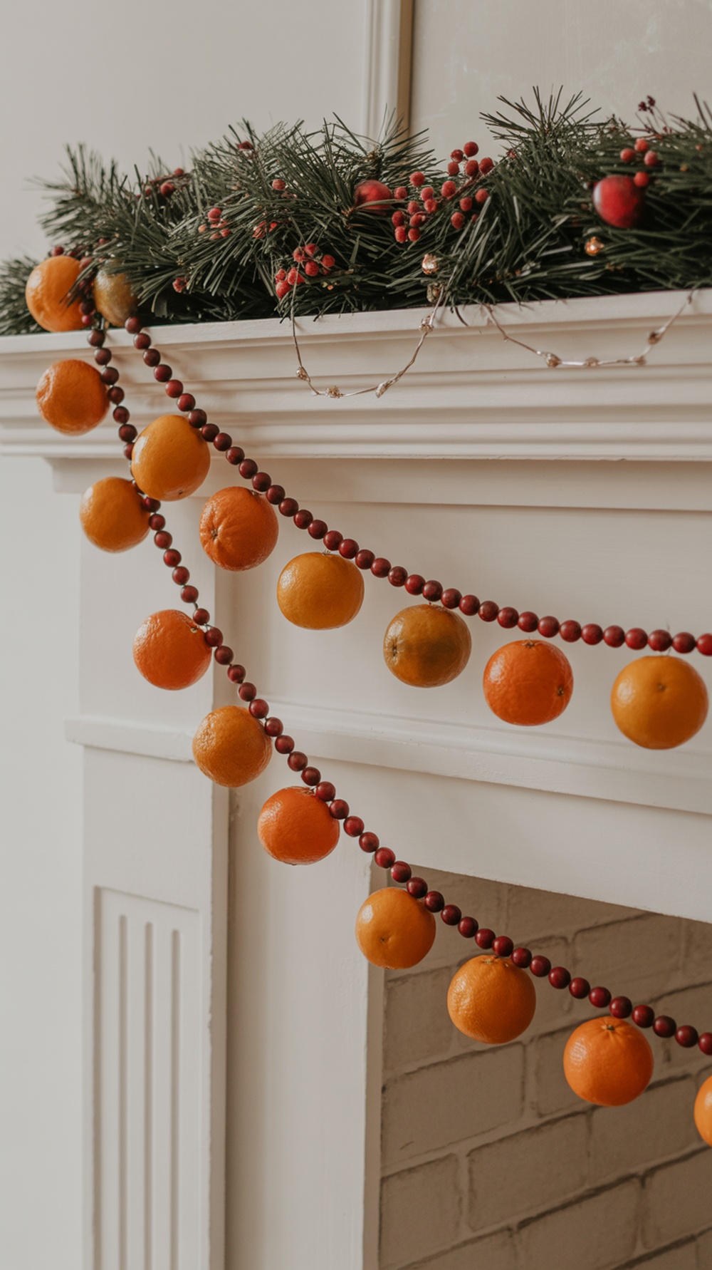 A garland made of oranges and red beads hanging on a mantel