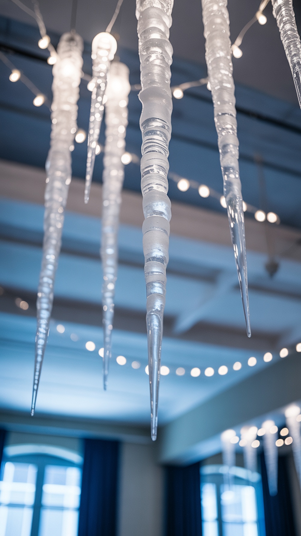 Hanging icicle decorations with warm lights in a cozy setting